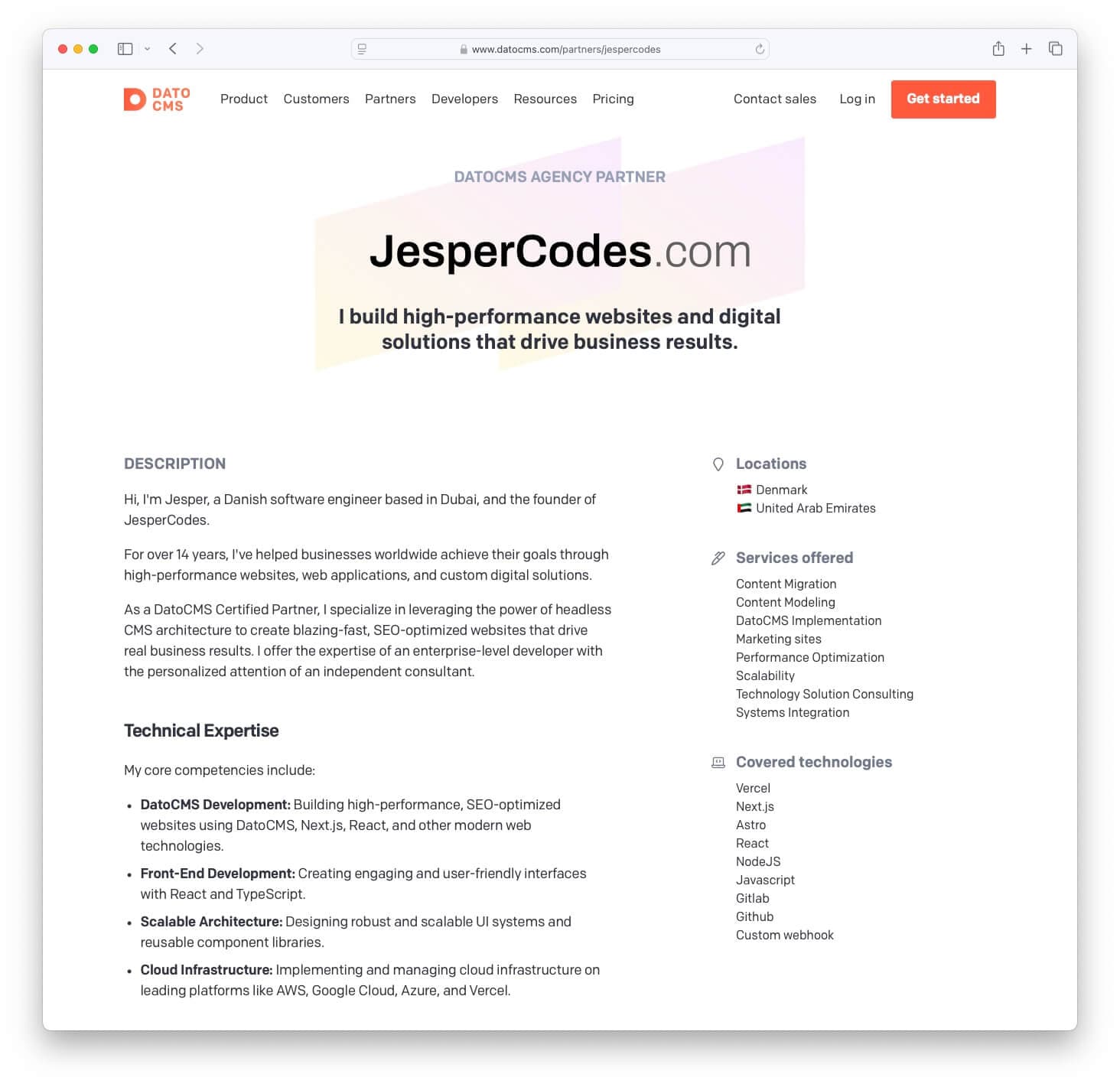 JesperCodes.com partner profile on DatoCMS website