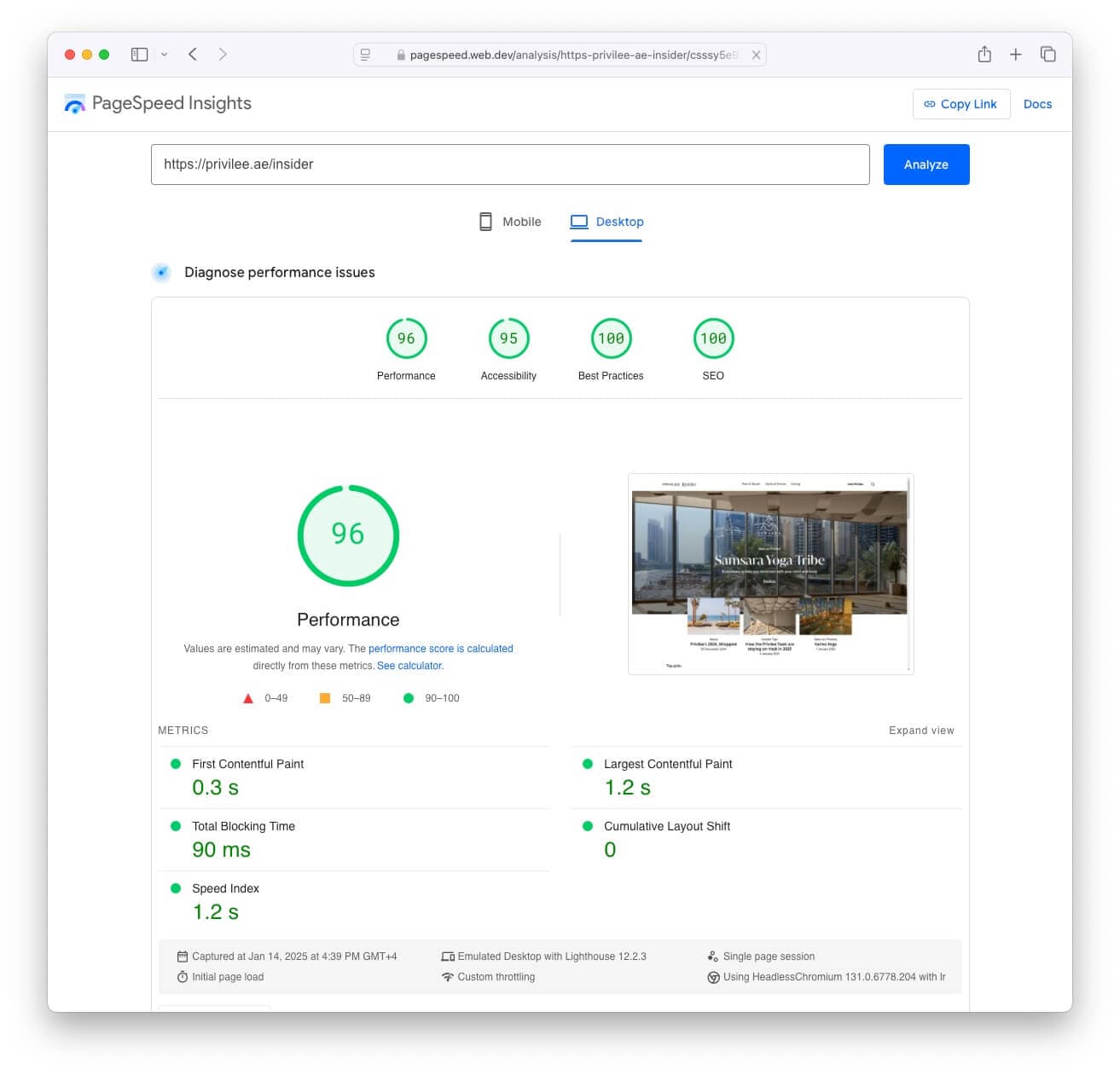 Privilee Insider new website - Google Lighthouse scores